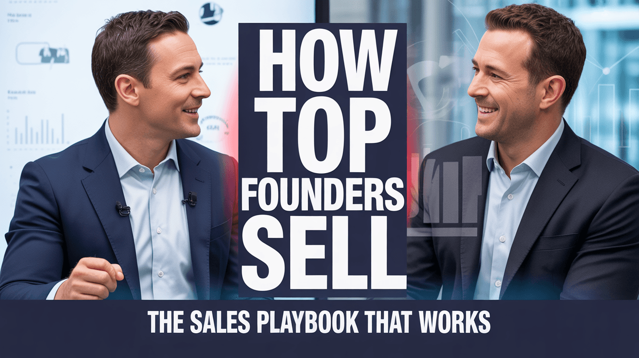 Two well-dressed men in a podcast setup against a navy blue background with chart overlays and bold white text reading How Top Founders Sell