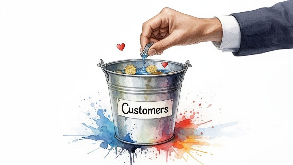 A hand pouring liquid into a bucket labeled 'Customers' with coins and hearts, symbolizing customer retention.