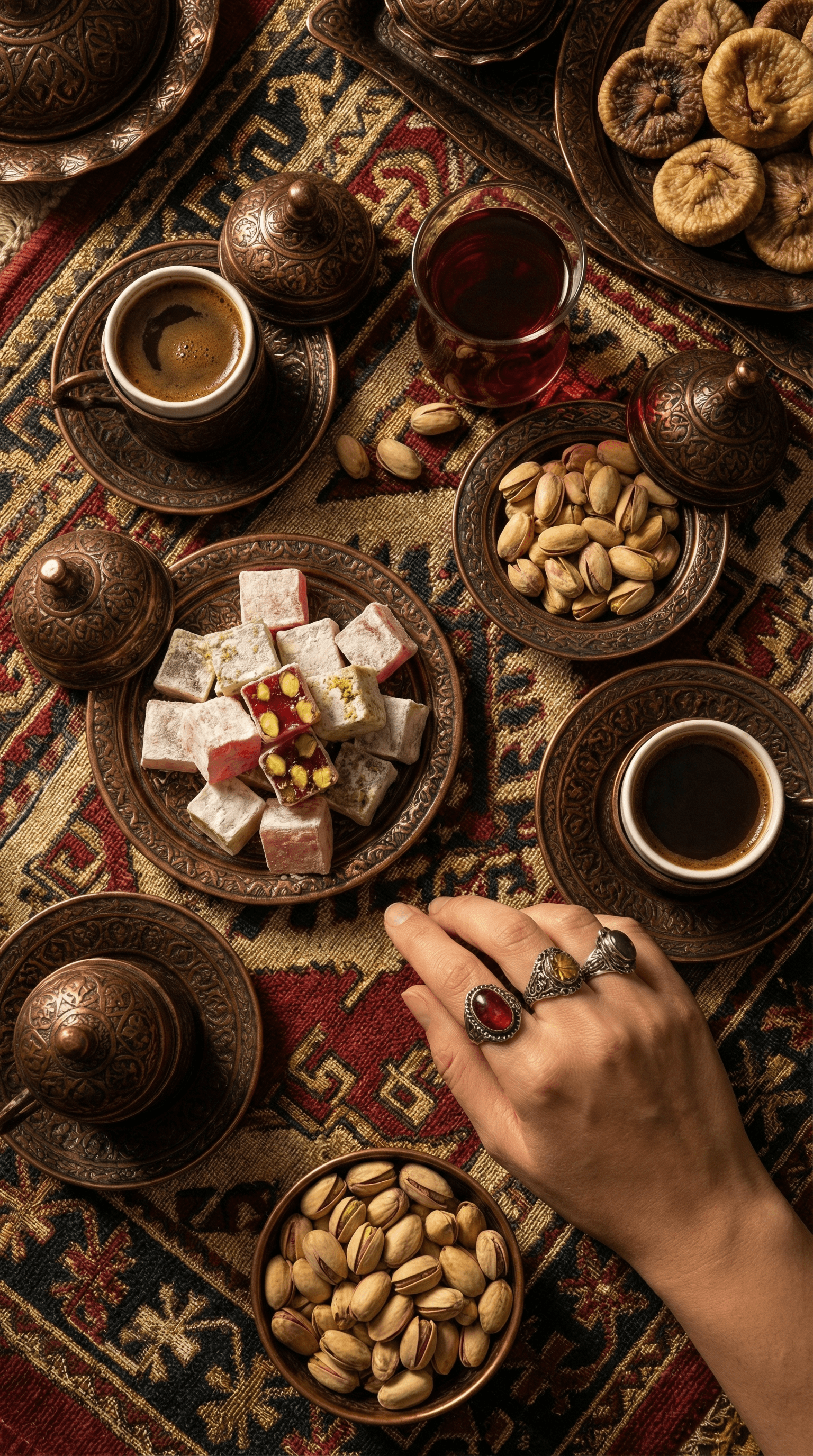 Turkish coffee and tea with pistachios and Turkish delight on an ornate textile table setting.