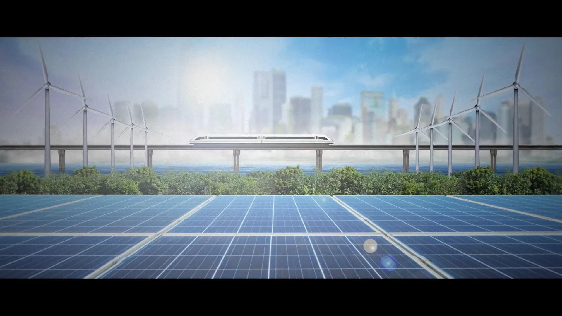 Solar panels and wind turbines in the foreground with a train crossing a bridge, symbolising integrated, sustainable infrastructure systems.