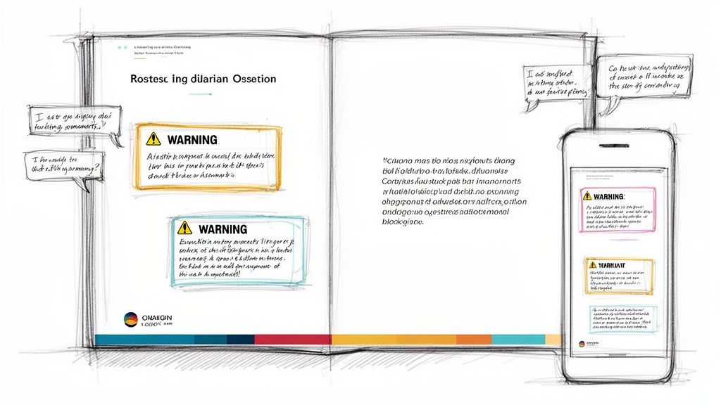 A hand-drawn open book and a smartphone displaying digital content, warnings, and text.