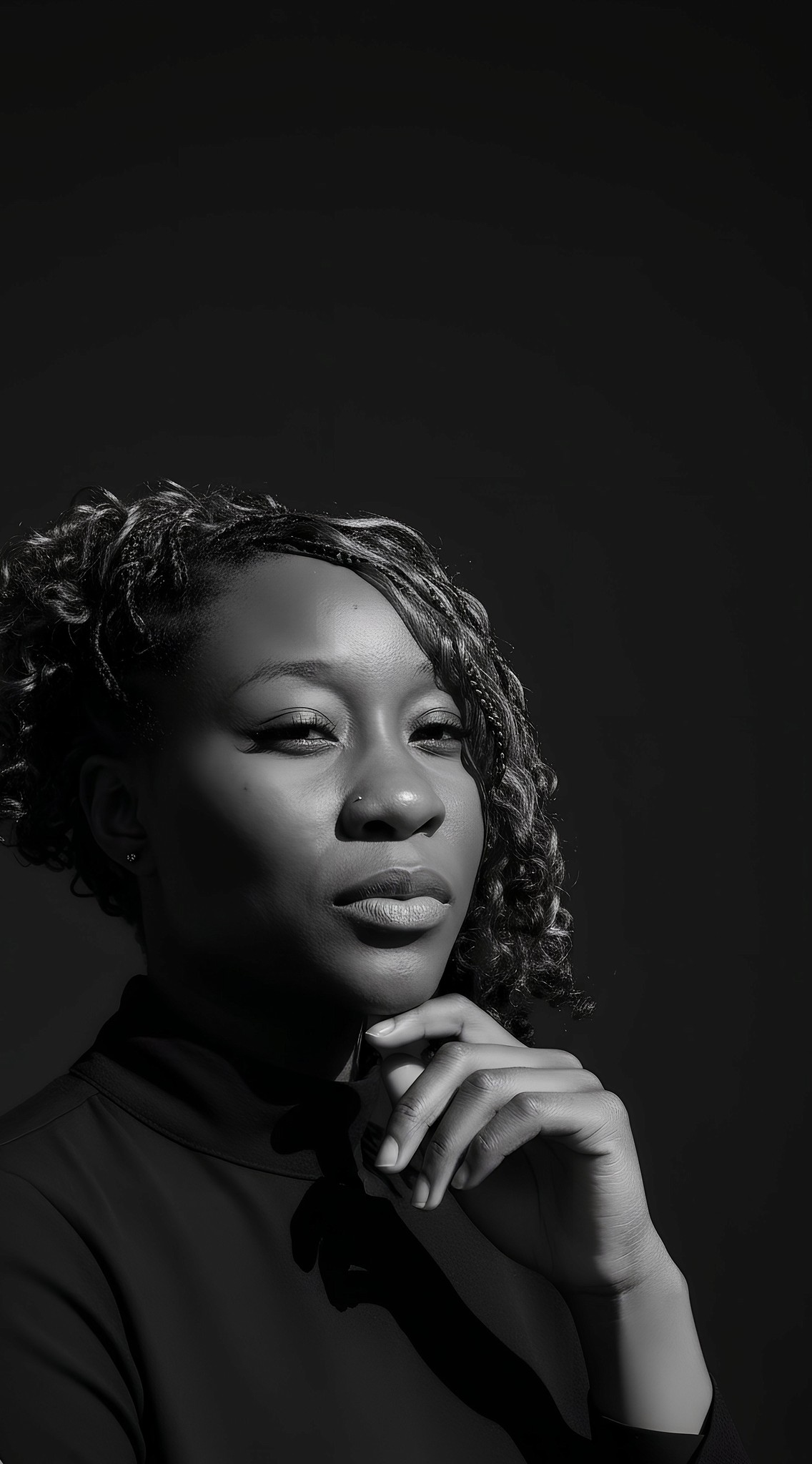 Confident woman in black-and-white portrait representing authenticity, strength, and verified digital identity with Profiled Nigeria.