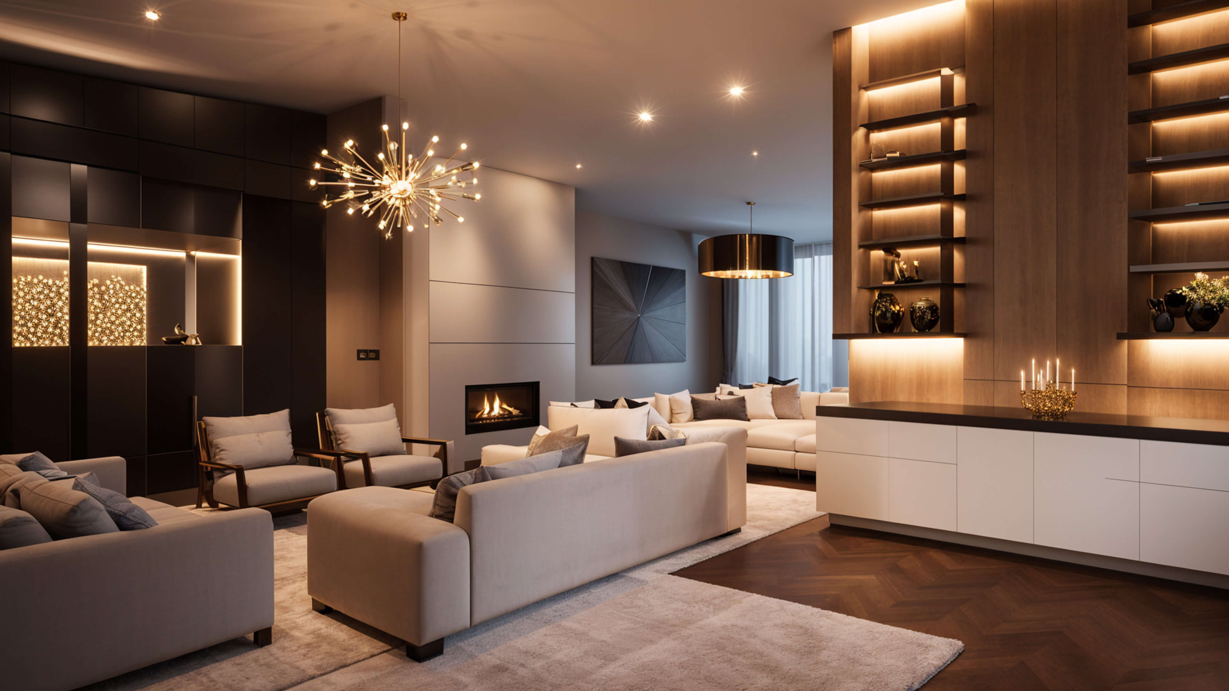 Modern open-concept living room featuring built-in shelving, warm accent lighting, plush seating, and sculptural pendant lighting for a refined, inviting feel.