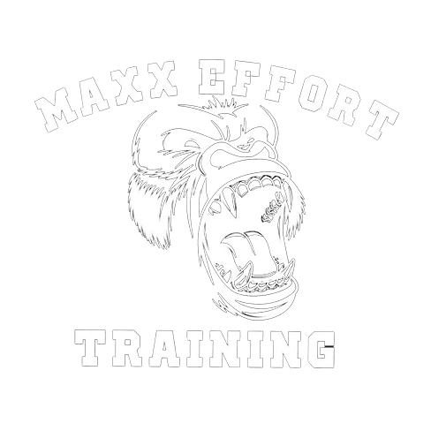 "Maxx Effort training" Collegiate font and a Gorilla with an open mouth looking agressive