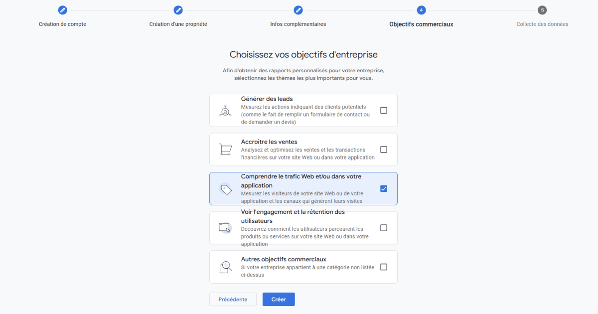 Sélection des objectifs commerciaux dans Google Analytics pour analyser le trafic d’un site Web