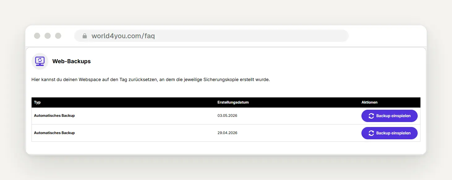 World4You Customer Area: List of “Web Backups” with the “Restore Backup” button