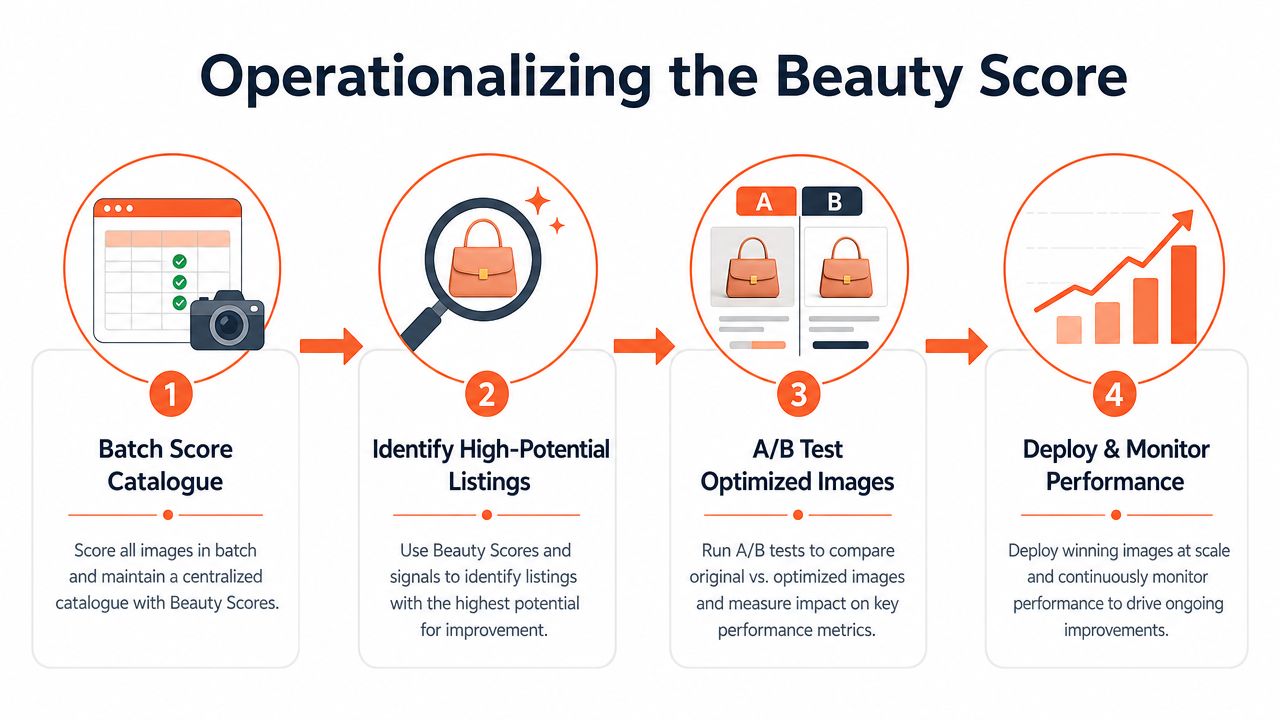 A four-step infographic illustrating the operational workflow for using beauty scores to optimize product image performance.