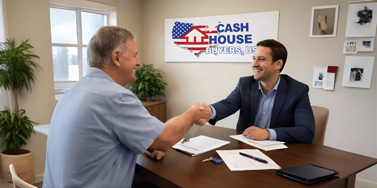 Cash House Buyers USA team member shaking hands with a client, symbolizing trust and efficient, hassle-free home sales in Texas.