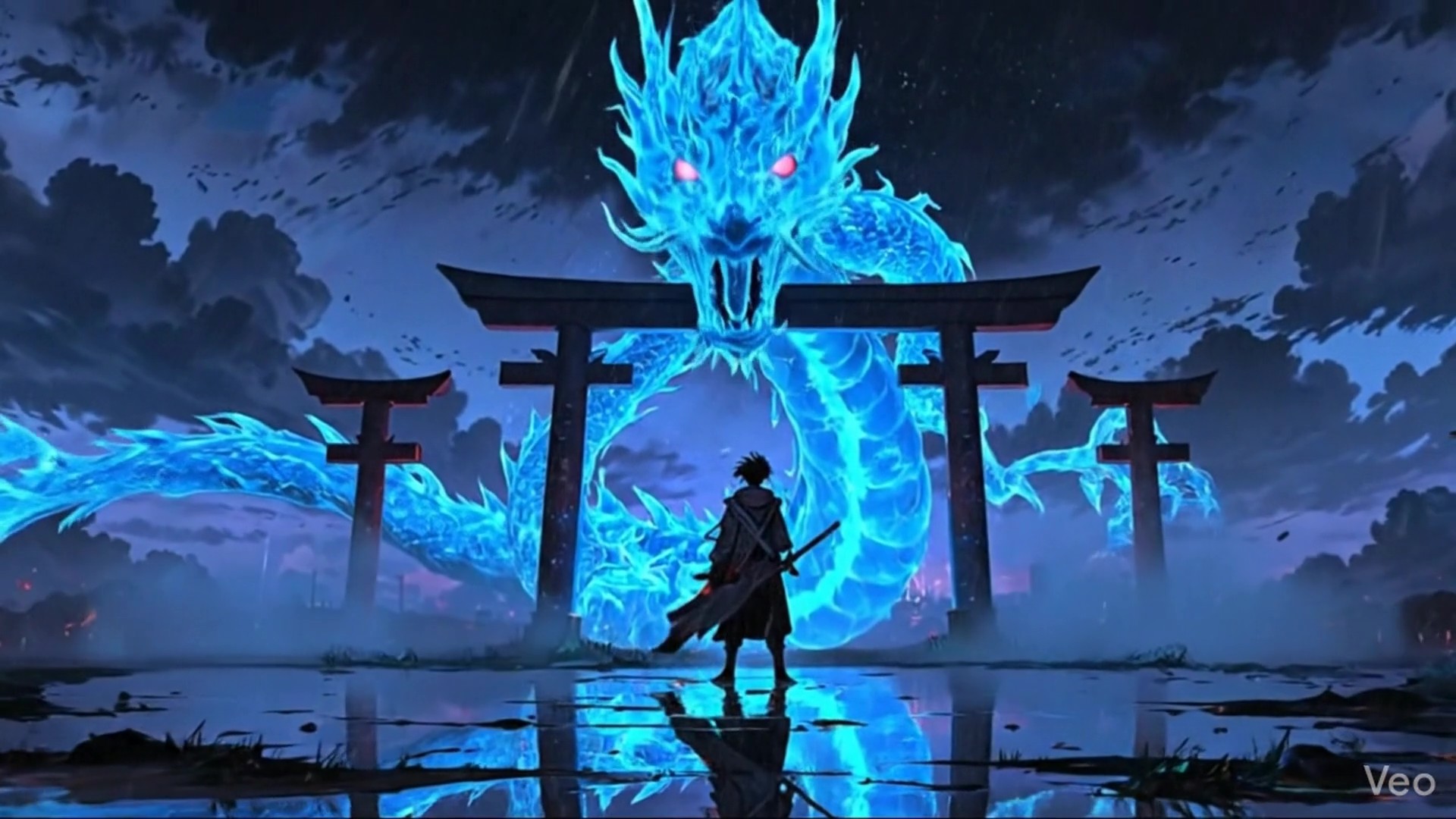 A cinematic AI-generated anime movie by Mahendra R, depicting a lone samurai warrior standing fearlessly before a massive, mystical spirit dragon emerging from behind traditional Torii gates under a stormy sky.