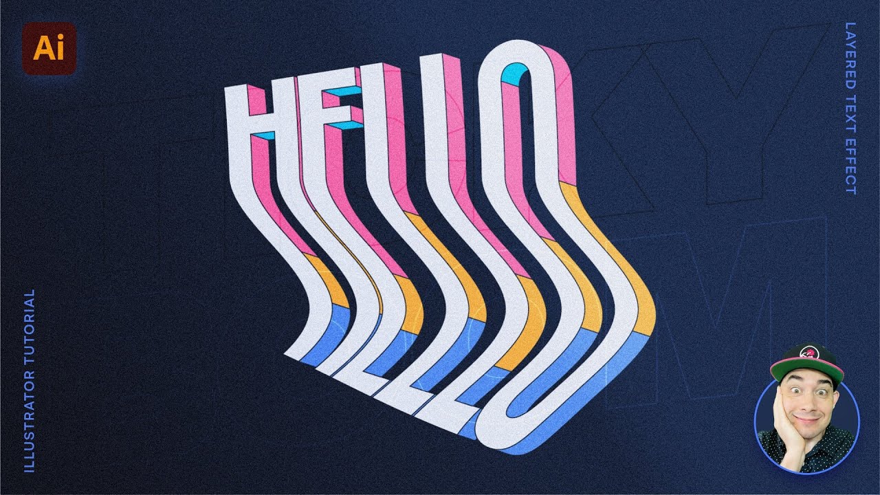 Colorful "HELLO" text with a 3D effect against a dark blue background, accompanied by a small icon in the bottom right.