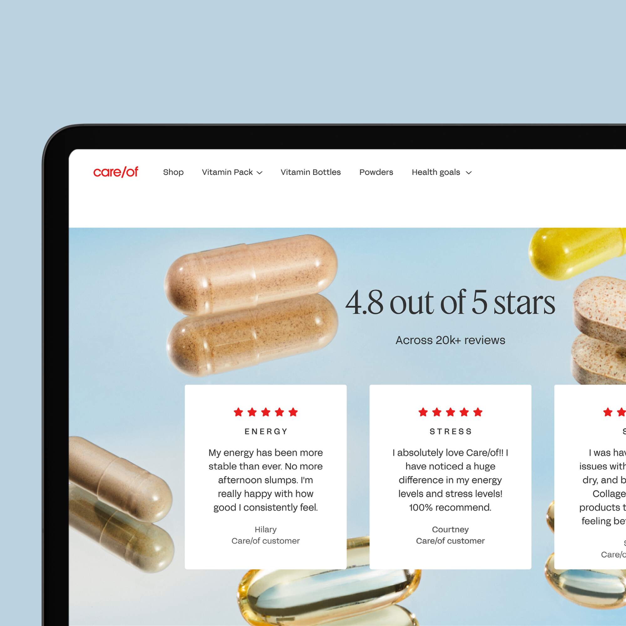 Tablet screen displaying Care/of website with customer reviews and a 4.8 out of 5 stars rating, featuring images of various supplements and testimonials.