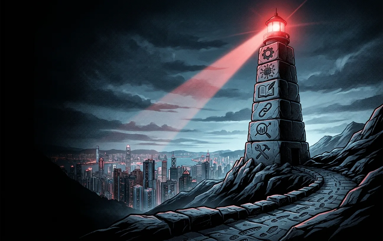 Lighthouse illustration with cityscape; RockN' Socials Digital Marketing Agency.