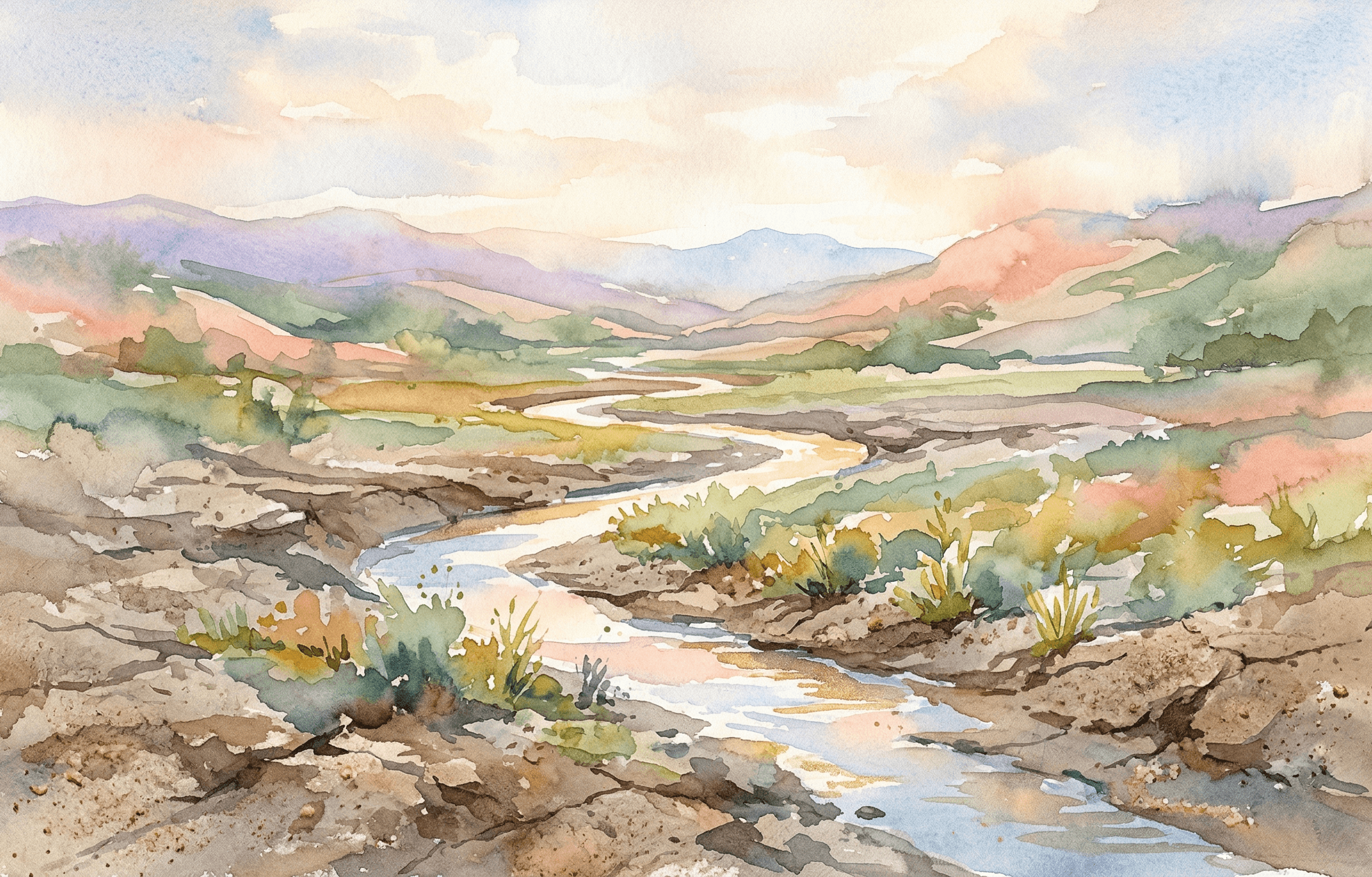 Watercolor dried riverbed filling with water again as green shoots emerge
