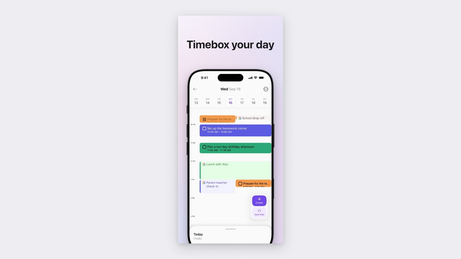 An App Store style image of Ellie’s Timebox on an iPhone with the headline Timebox your day above it, shown on a plain gray page