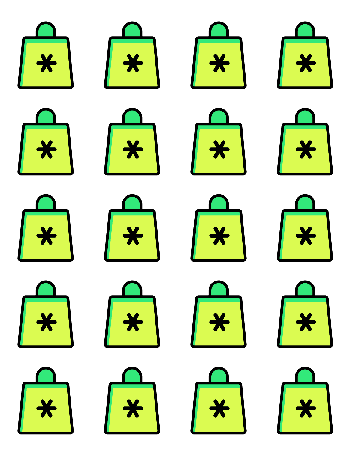 Eighteen lime green shopping bags with dark green handles and star symbols are evenly arranged in a grid against a grey background.