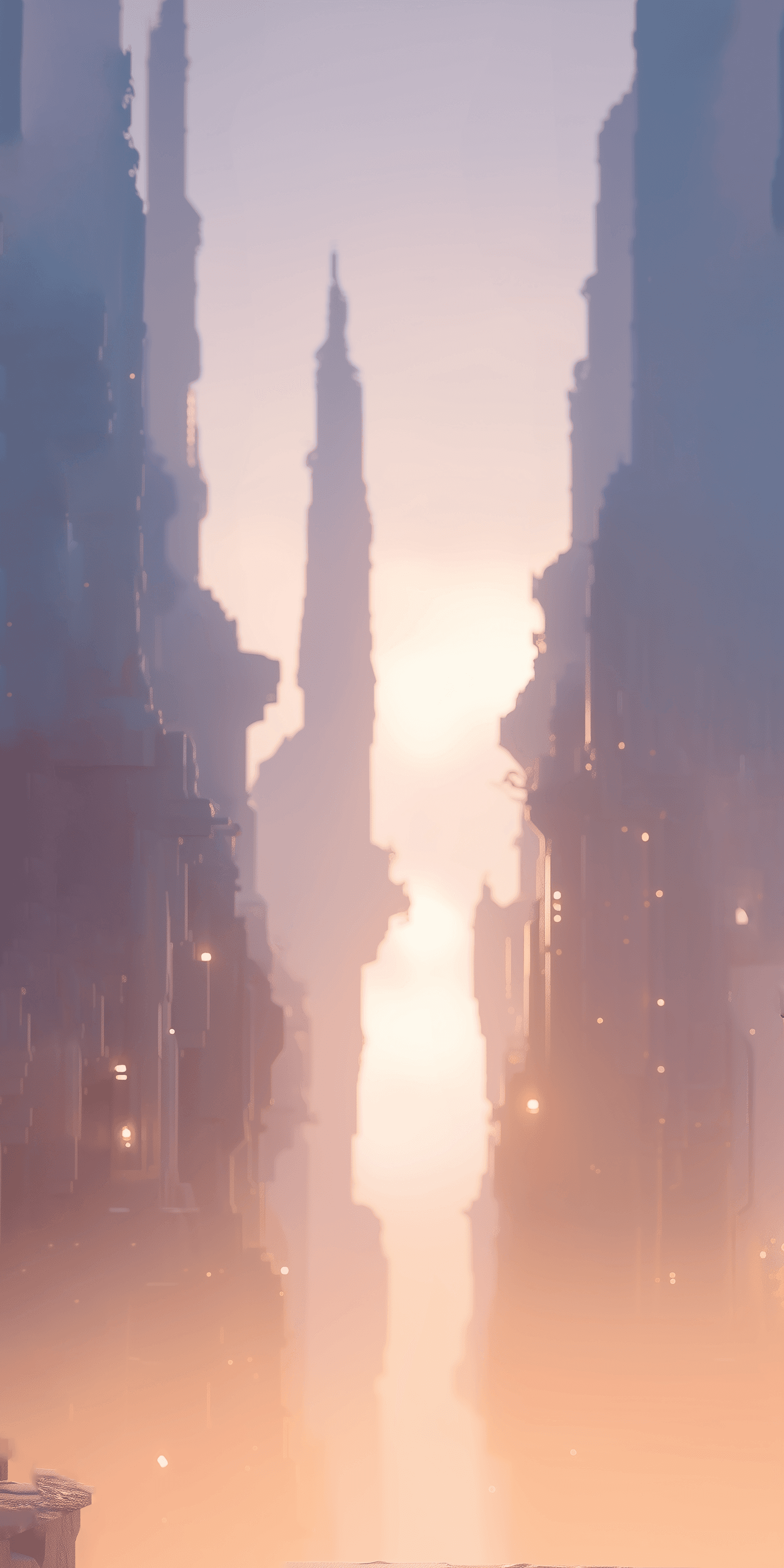 The background of the parallax image is a blurry, golden lit image of a LEGO city scape with high towers stretching off into the distance.