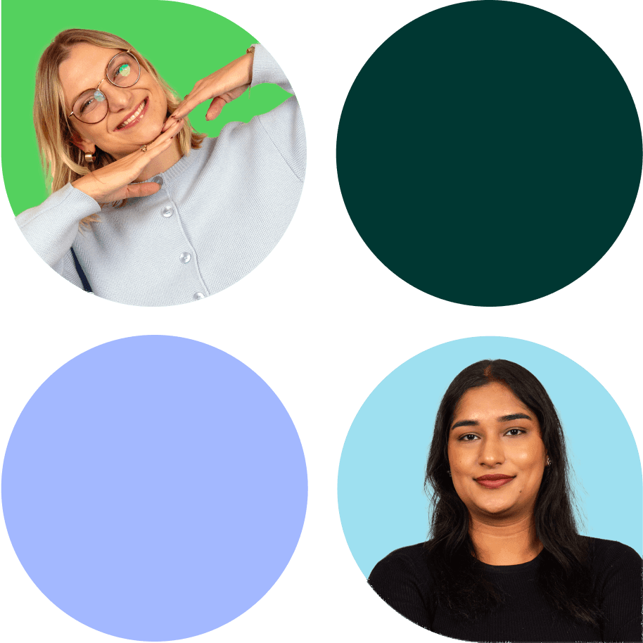 Two team members in coloured shapes: a playful woman with blonde hair and glasses resting her chin on her hands, and a smiling woman with long dark hair in a black top, beside dark green and lilac circles