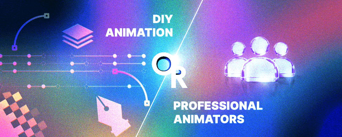 Hero image for blog post comparing DIY animation versus professional animators, featuring a split layout showing tools on one side and a team of animators on the other