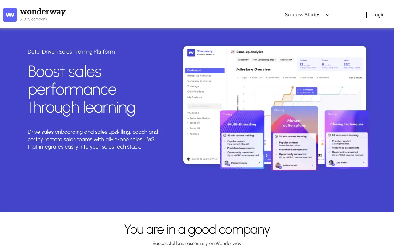 Wonderway homepage, data-driven sales training platform with ramp-up analytics