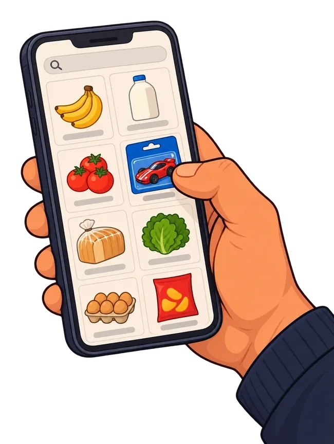 A male hand discovers a toy car while scrolling a shopping app