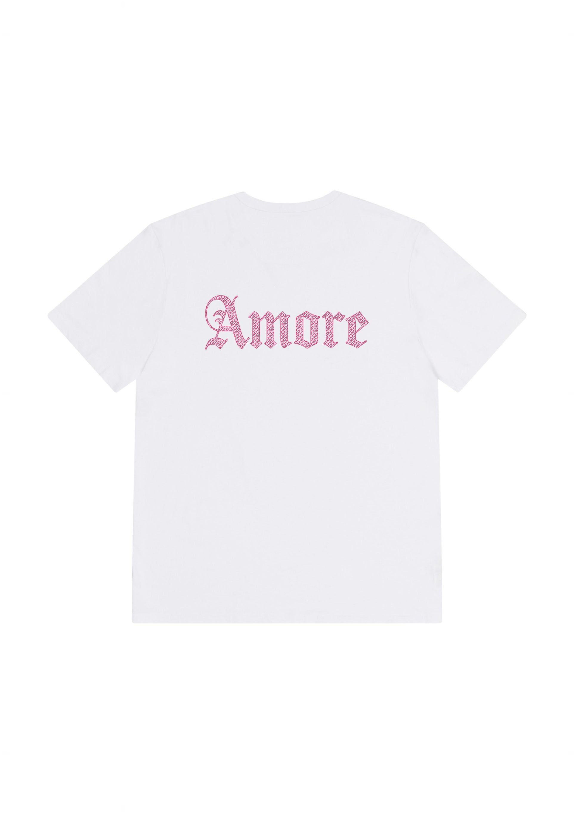 Back-of-a-white-t-shirt-featuring-a- large-graphic-of-the-word-"Amore"- in-a-vibrant-pink-patterned-script- font