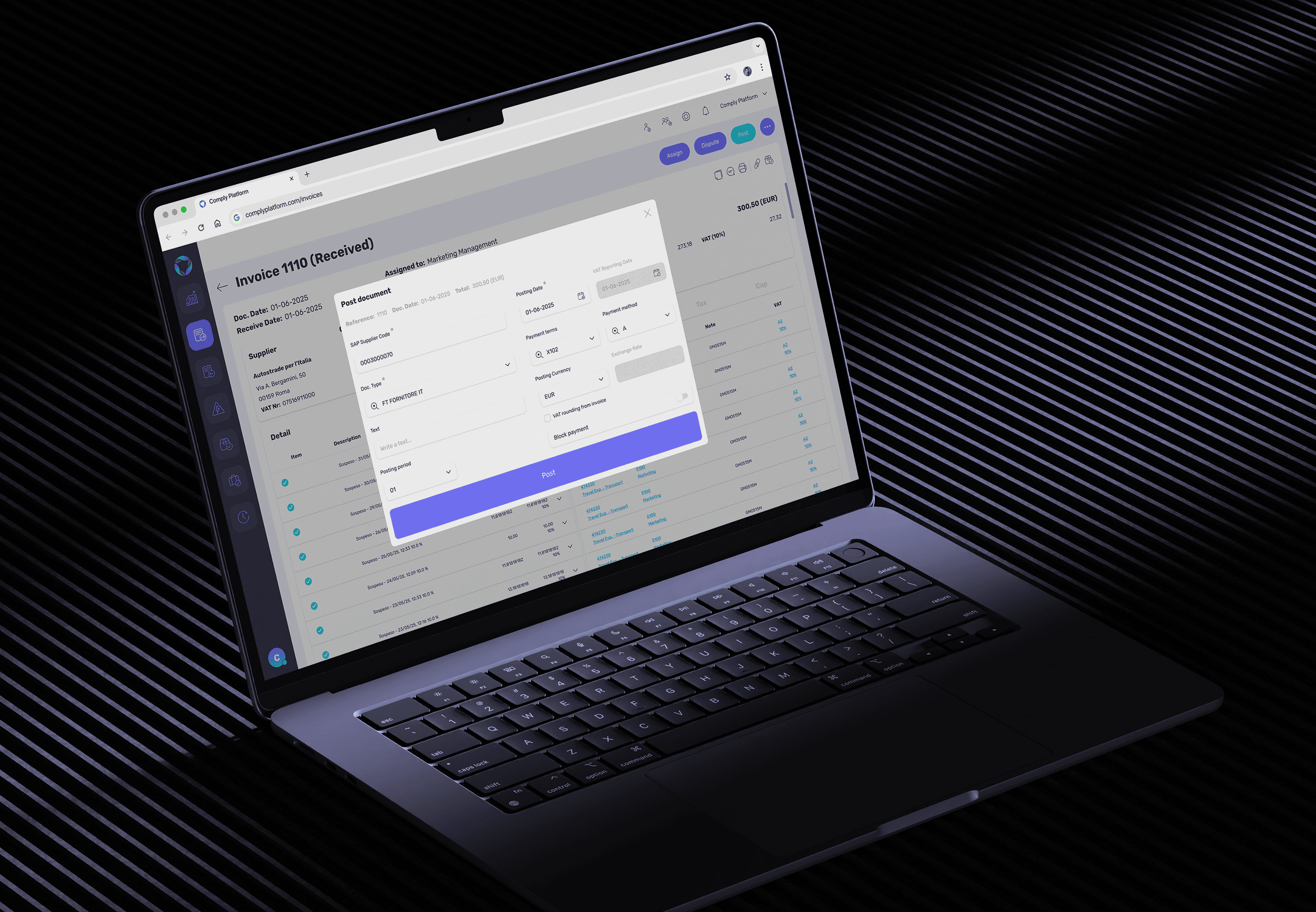 Mockup of Comply web app e-invoice posting