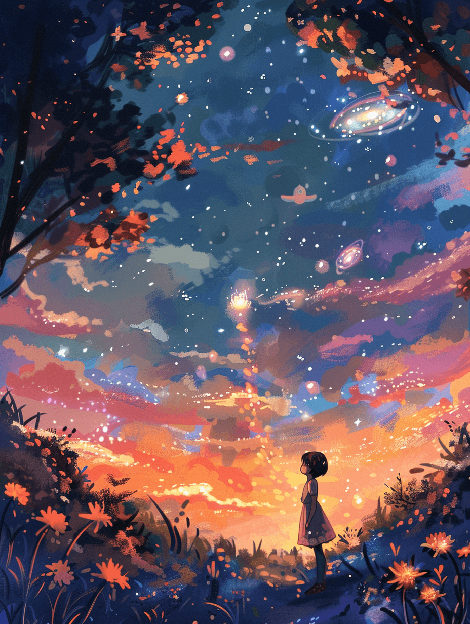 a silhouette of a little girl with short hair standing in an extraterrestrial garden with alien plants, glowing flowers, and strange, ethereal creatures floating around, set against the backdrop of a colorful nebula.