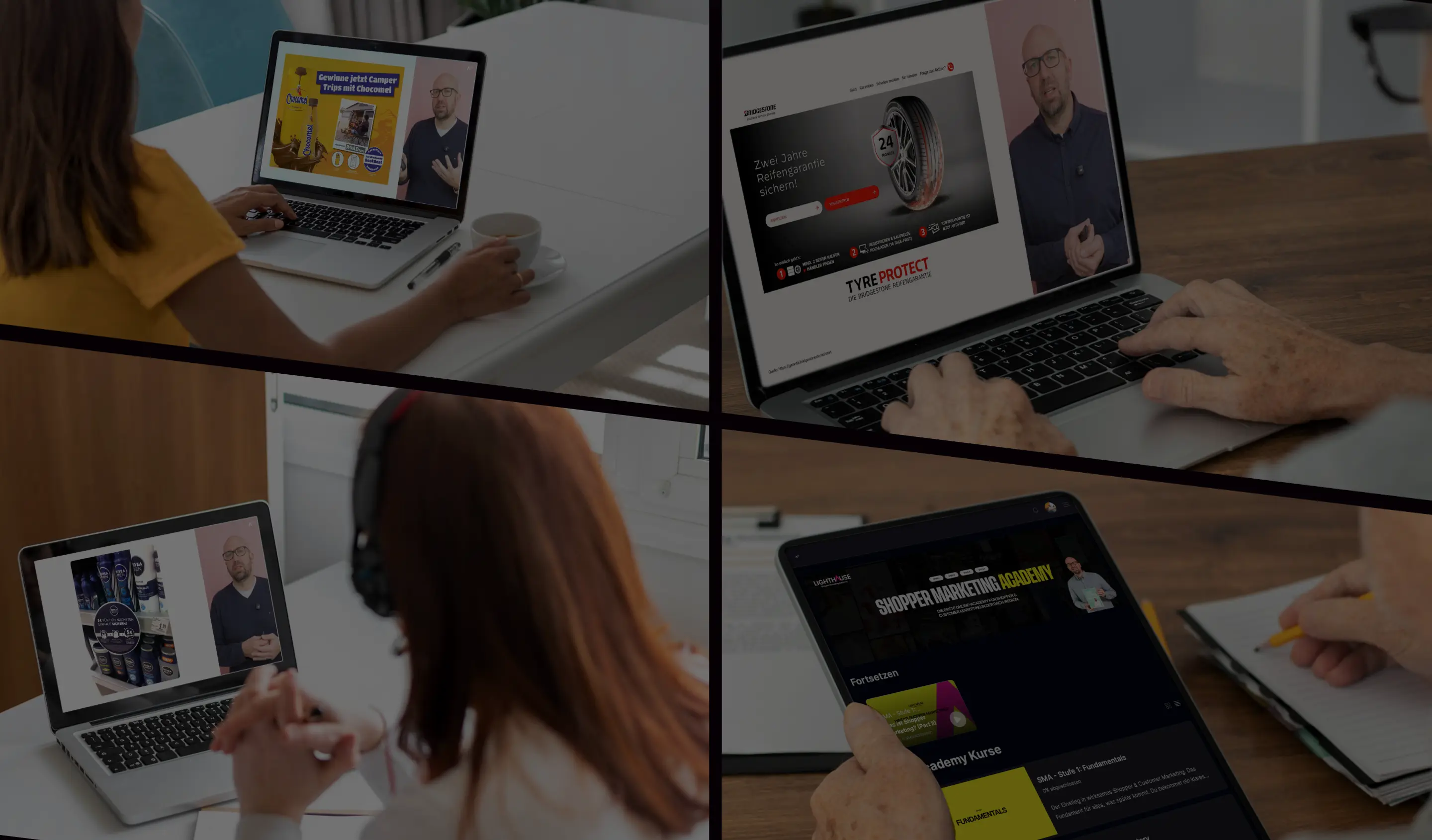 4 verschiedene Bildauschnitte immer mit einer Person am KLaptop oder Tablet sitzend
