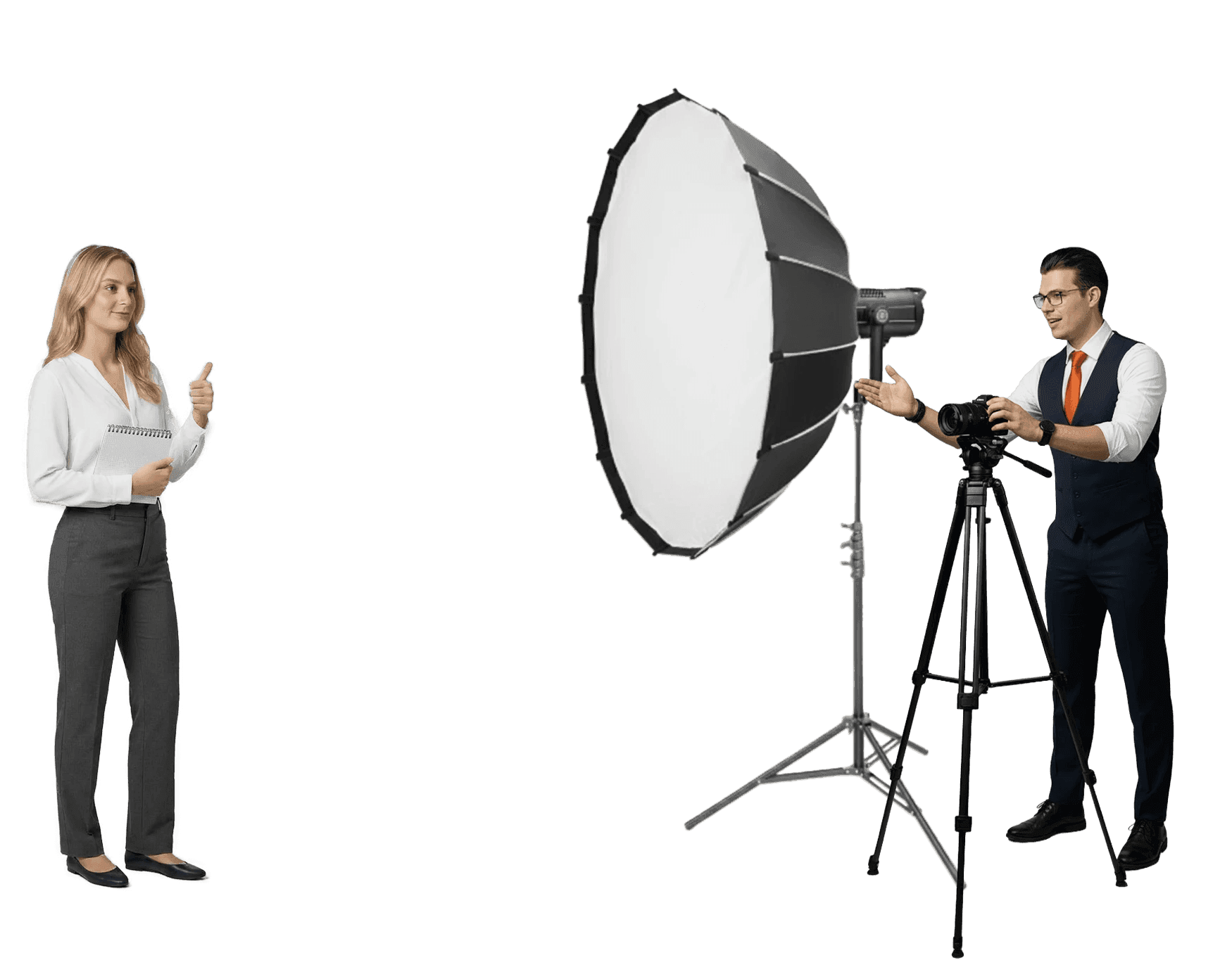 Tom van T7 Productions fotografeert met studioflitser en softbox, een collega poseert