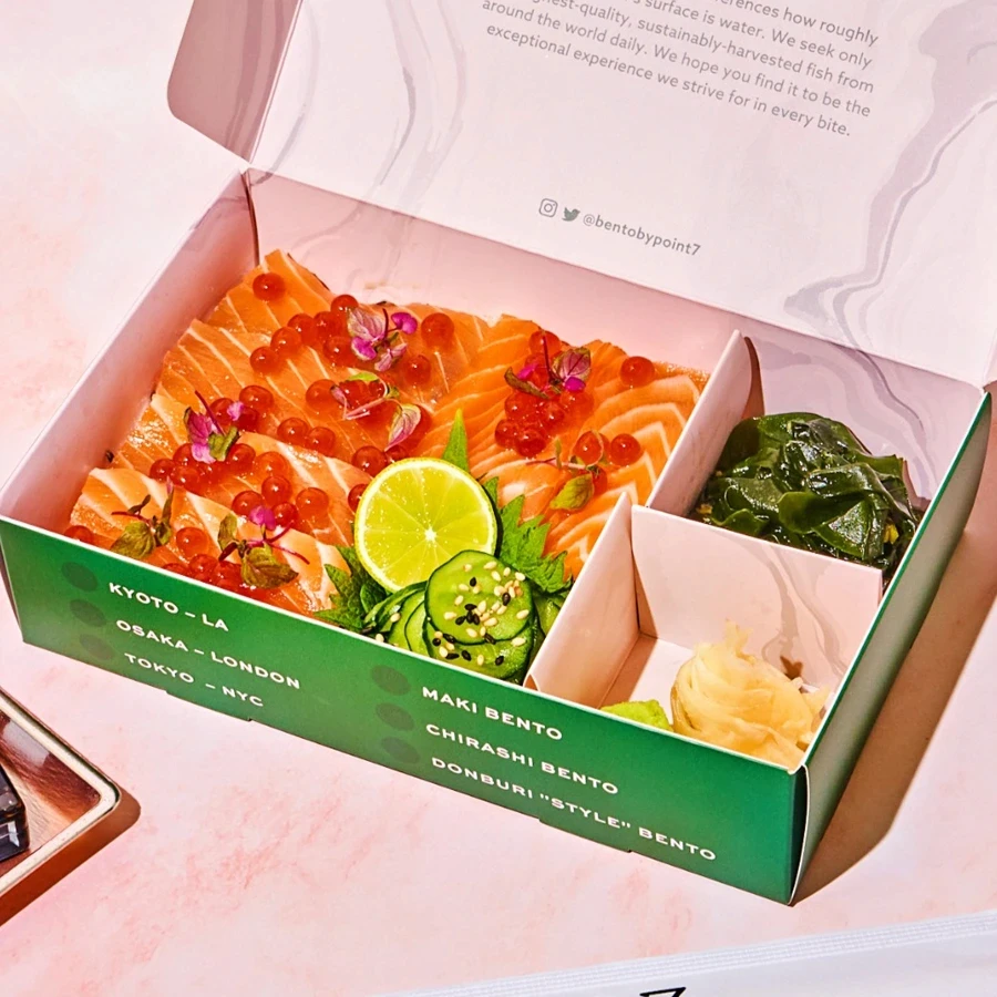 Salmon and roe bento with lime and seaweed