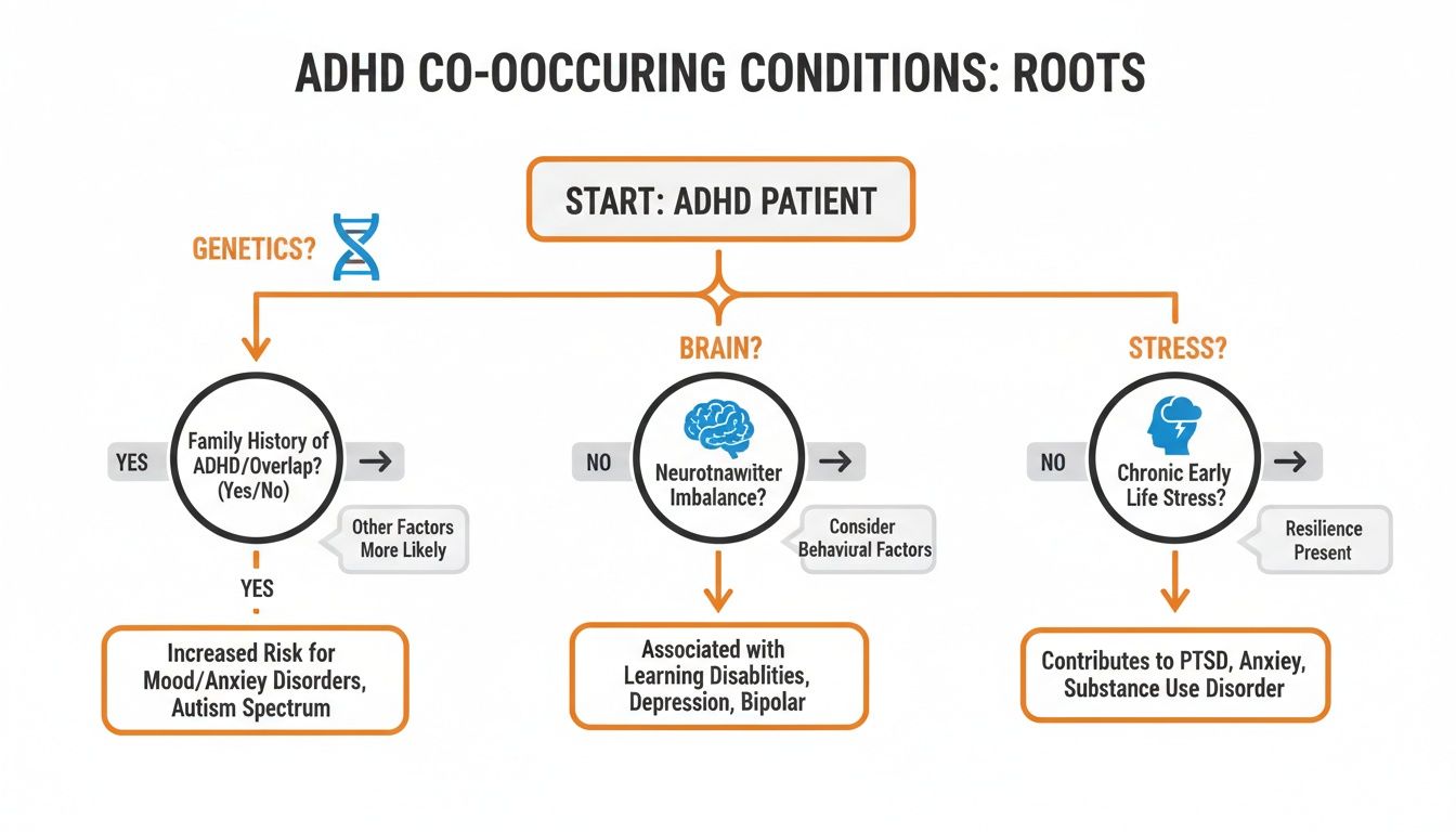 Flowchart explaining the genetic, brain, and stress roots of ADHD co-occurring conditions and associated disorders.