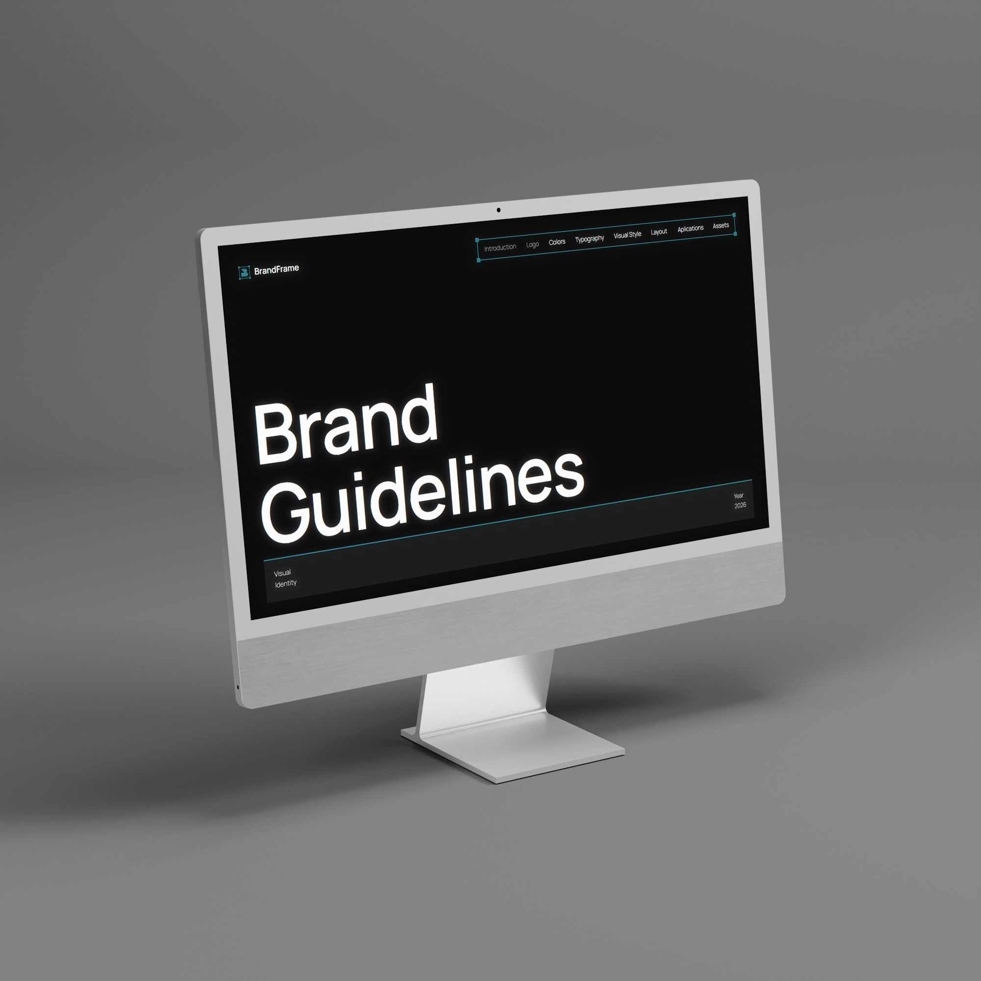 A minimalist 3D mockup of a silver desktop monitor, similar to an iMac, isolated against a solid gray background. The screen displays the "Brand Guidelines" landing page for BrandFrame with a dark theme, featuring large white sans-serif text, a professional navigation menu, and a clean layout focused on visual identity design.