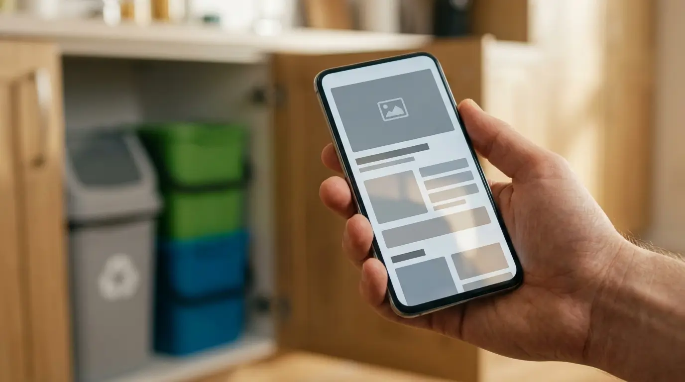 A guest holds a phone showing a digital guidebook article while standing at an open kitchen cabinet with bins inside.