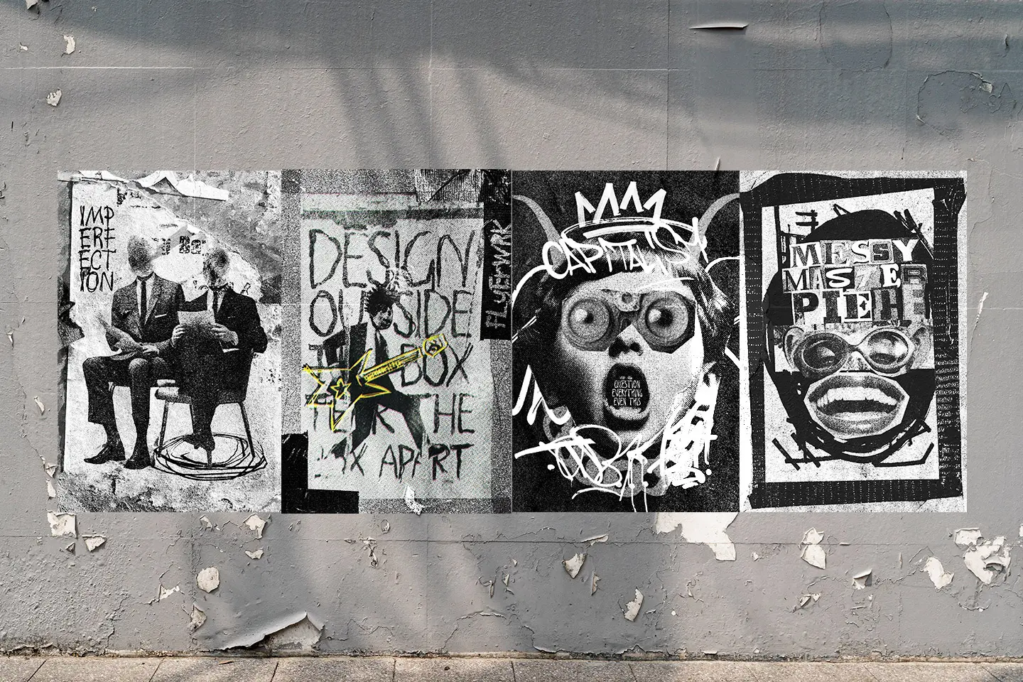 Artistic Toolkit 3 anti-design collage posters displayed on distressed street wall