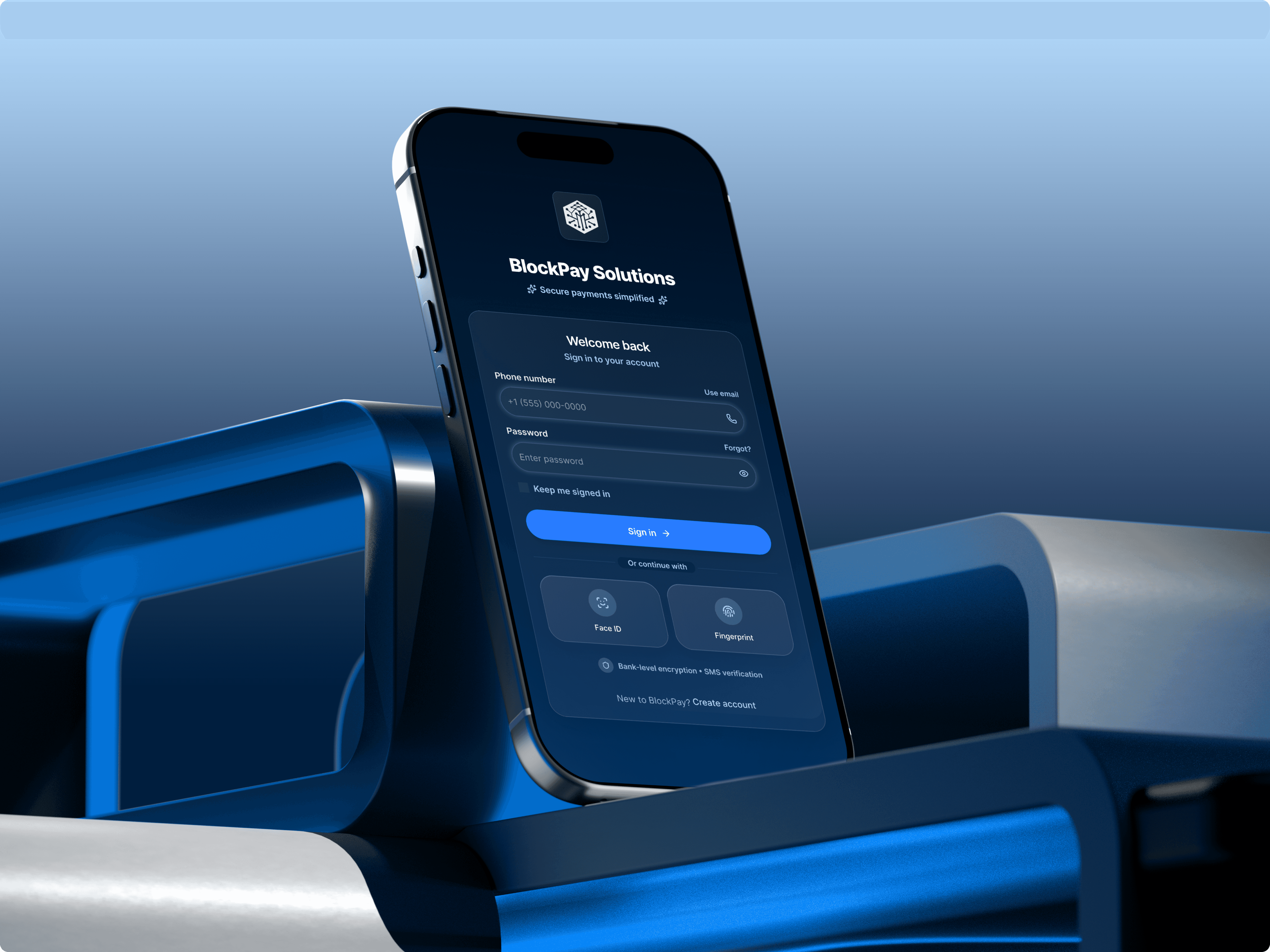 BlockPay mobile wallet interface showing account and transactions