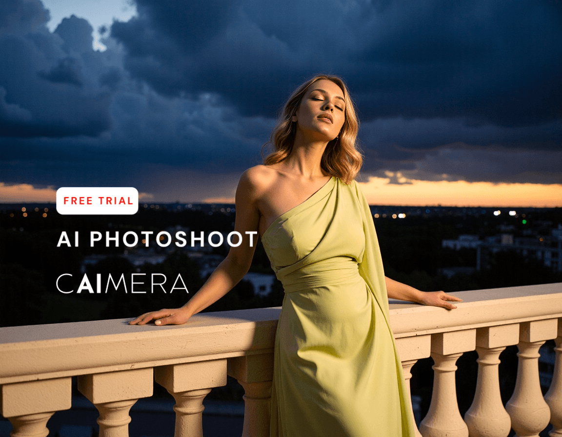 Model in lime green one-shoulder dress posed on balcony against dramatic stormy sky at sunset, city lights twinkling below