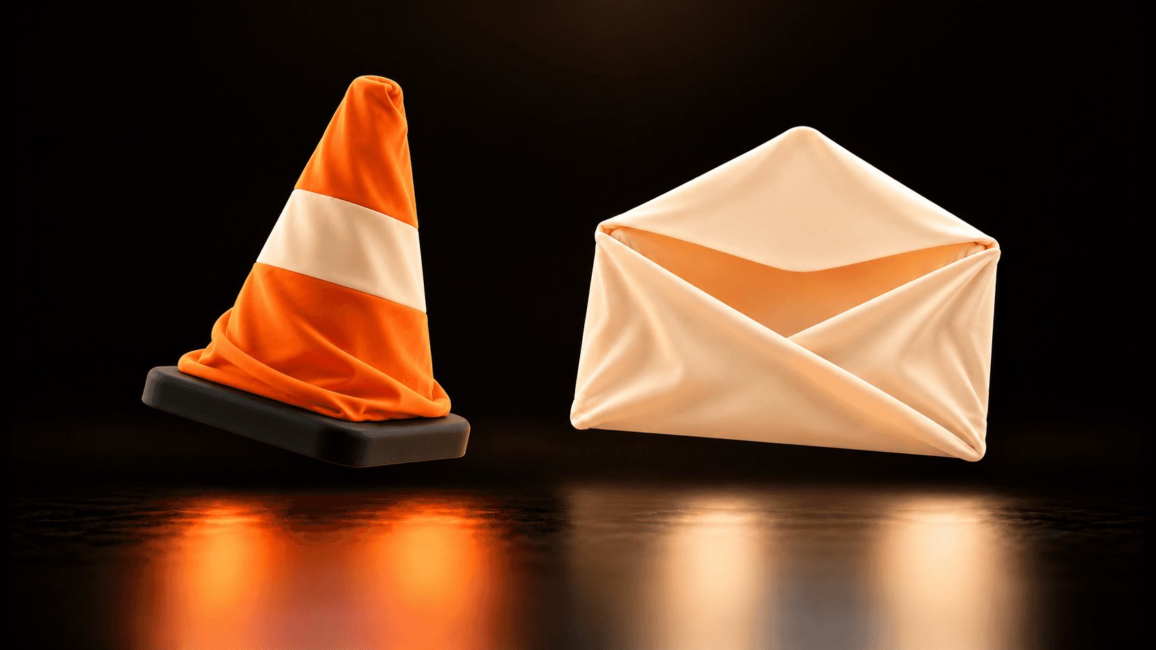 An orange cloth traffic cone beside a separate cream envelope, representing a pause before distributing unverified meeting notes.