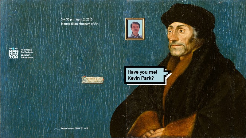blue mural for exhibition with man and frame