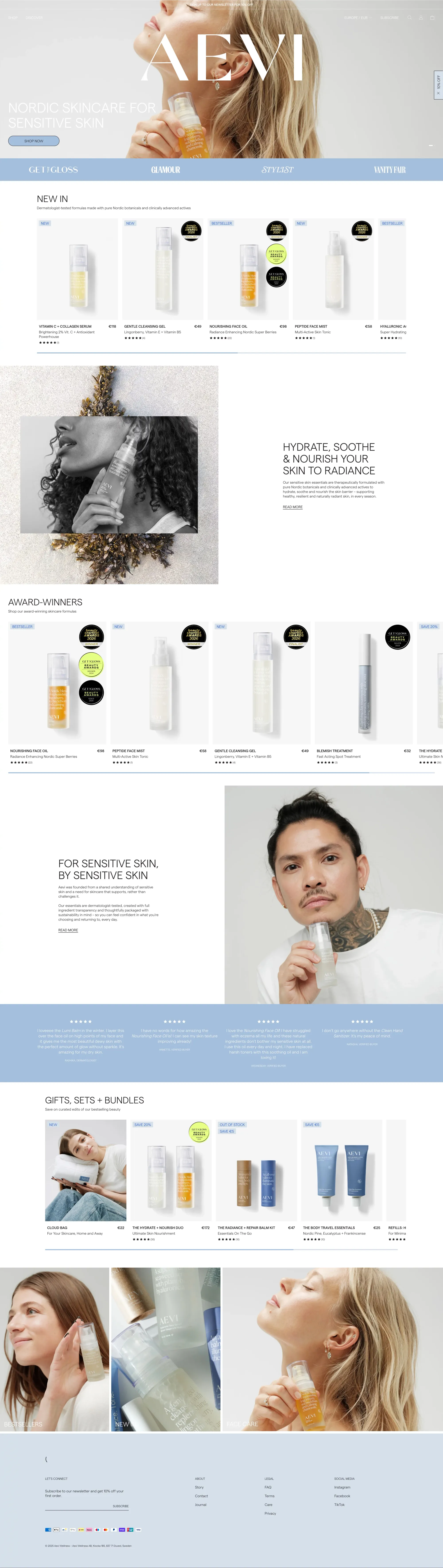 Aevi ecommerce page screenshot showcasing Beauty and Ecommerce design