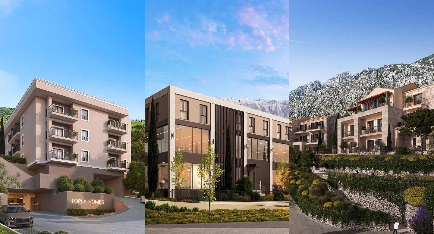 Collage of B Capital Group developments in Montenegro, showcasing Topla Homes, Nexus Residences, and Olive Grove against natural coastal and mountain landscapes.