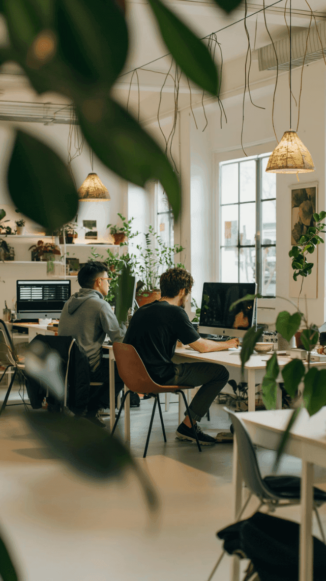 Developer working at a computer in a plant-filled workspace