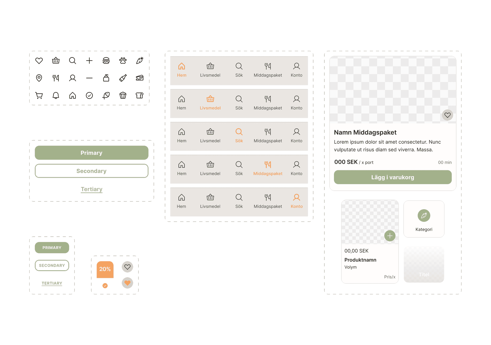 UI component library for the Crave Club app showing icons, buttons, navigation bars, product cards, and badge styles in green and beige tones