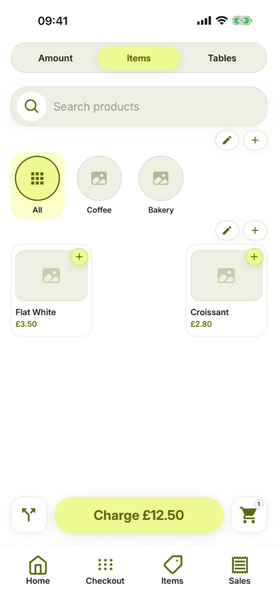 Approved MobilePayments item library showing circular All, Coffee and Bakery categories