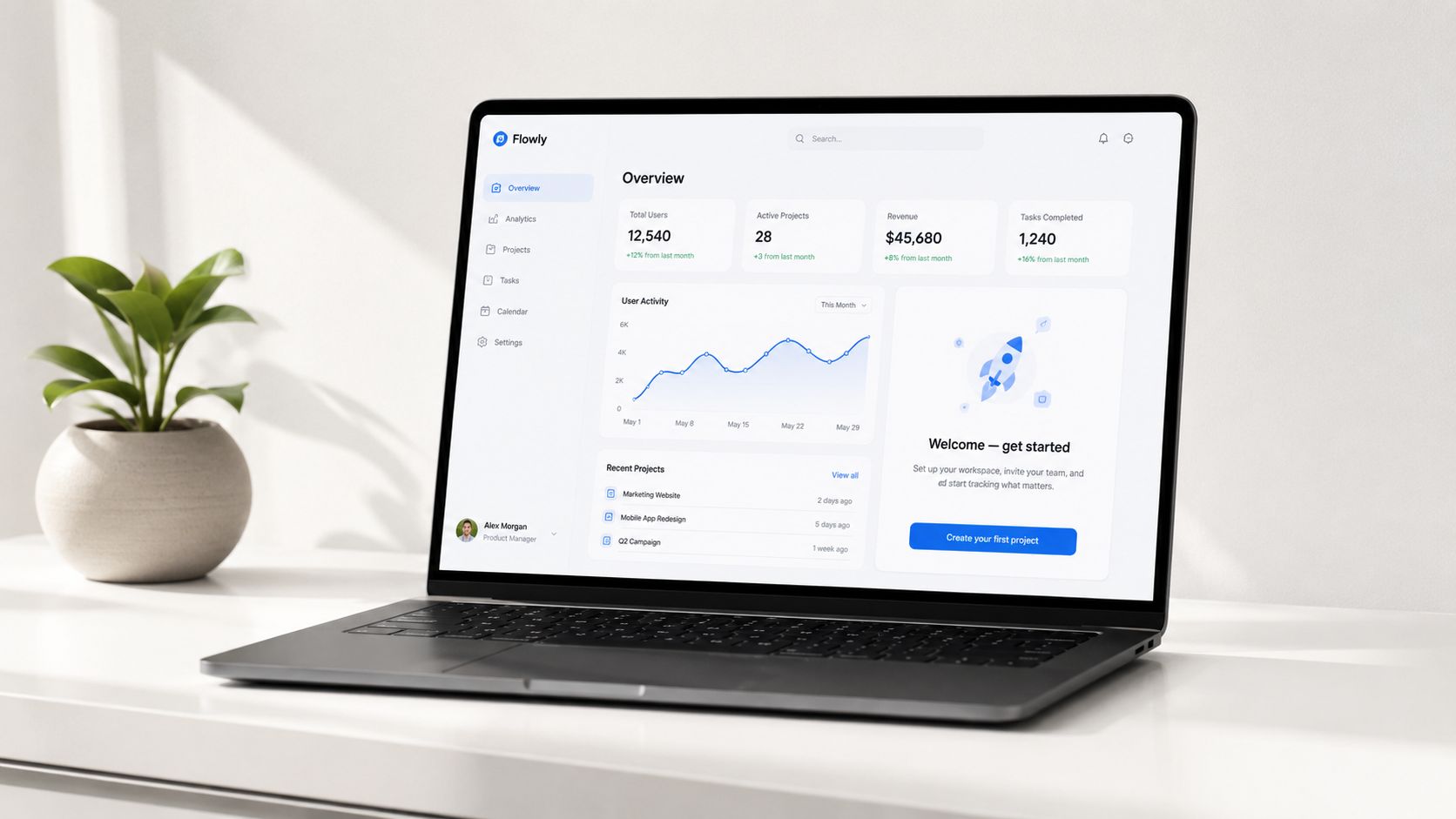 A modern laptop displaying a business analytics dashboard for a project management platform called Flowly on a desk.