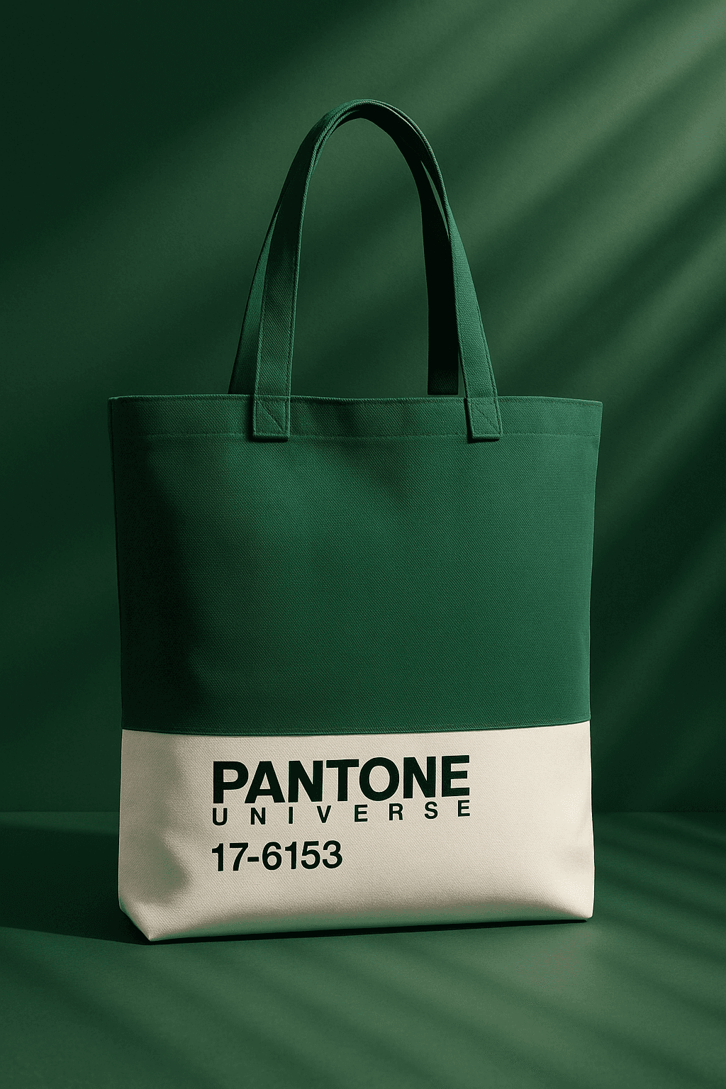 Sac fourre-tout en toile vert et blanc cassé avec le logo Pantone Universe et le code couleur 17-6153, placé sur un fond vert.