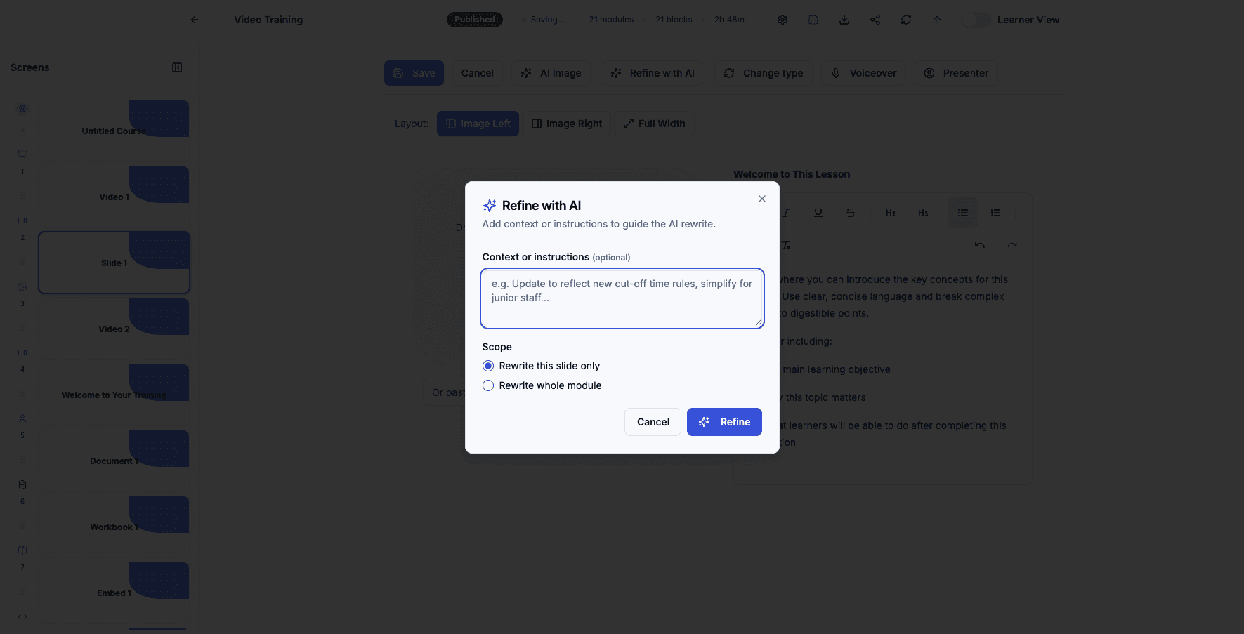 Click Refine to apply AI suggestions and enhance the slide's text and structure.