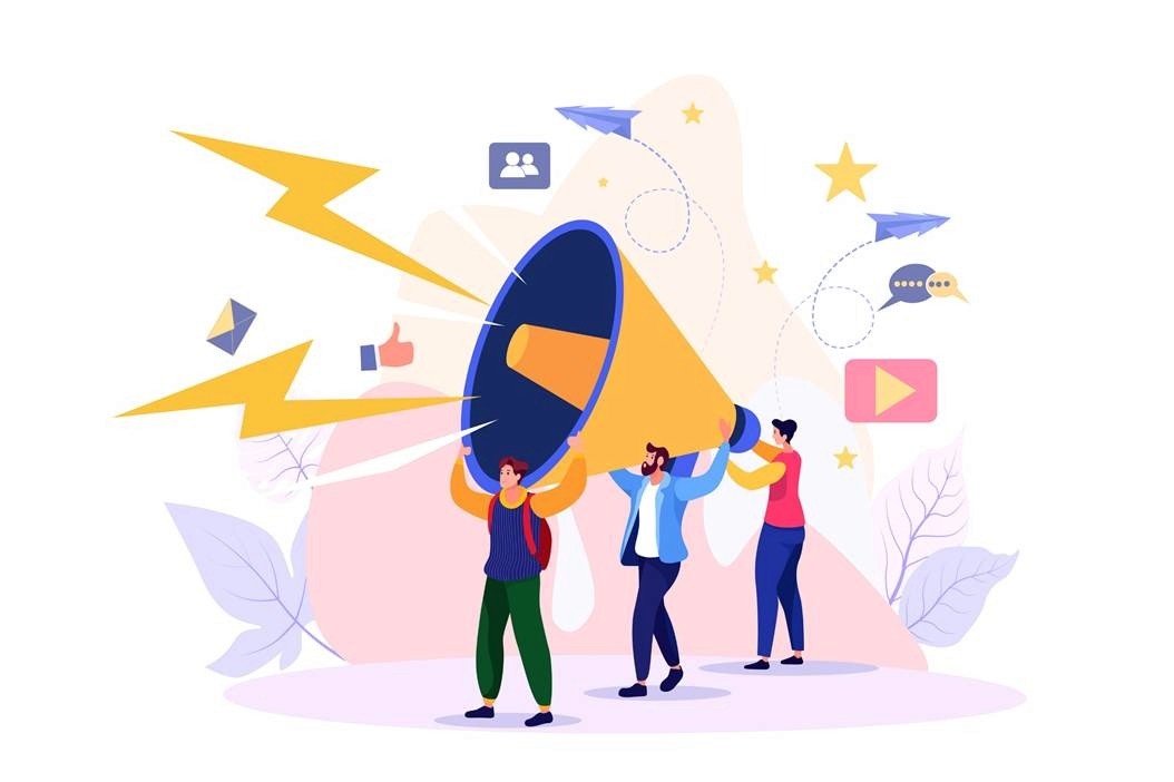 Illustration of creators holding a megaphone with social media icons representing influencer marketing campaign reach