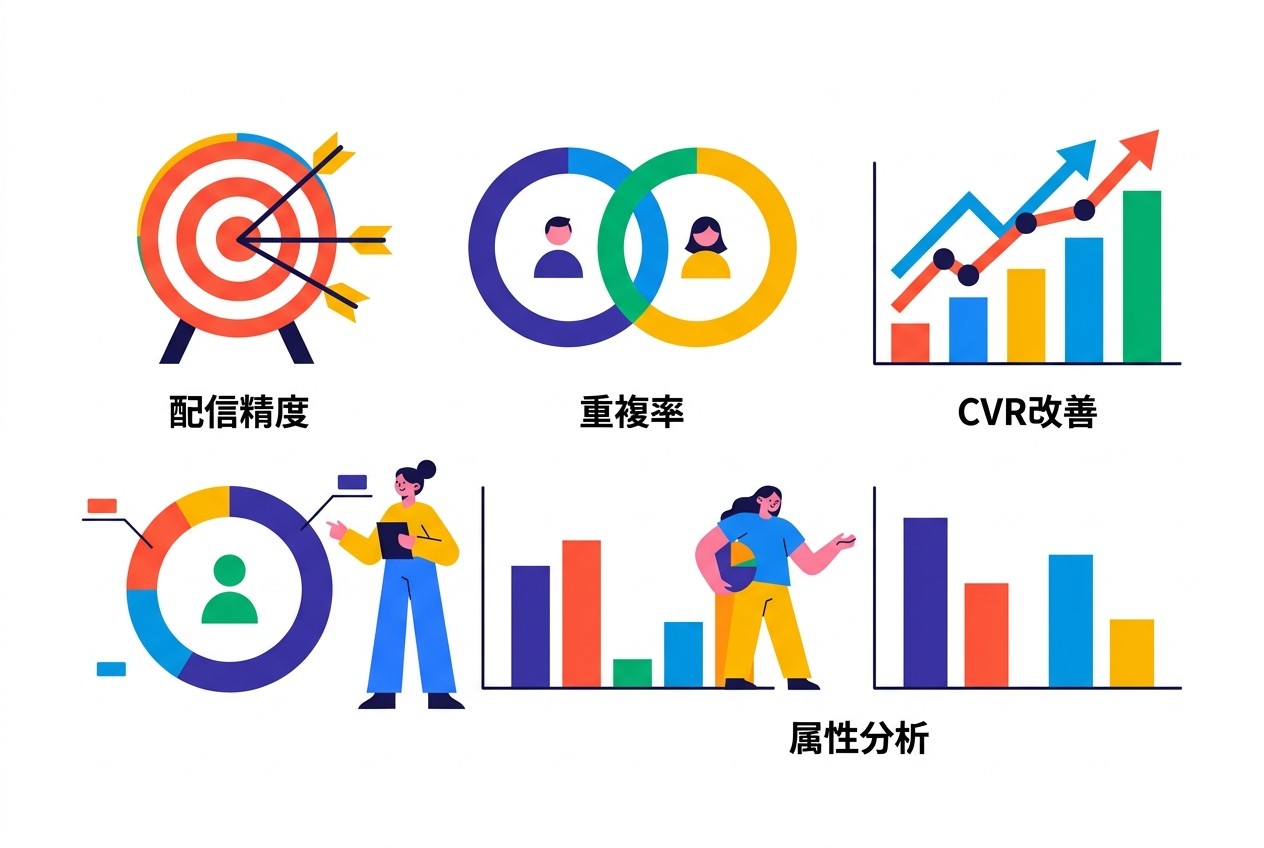 DSP広告の精度分析に必要な4つの指標。配信精度85%以上、セグメント重複率30%以下、CVR月次改善10%以上、ターゲット属性適合率90%以上を目標値として設定する。