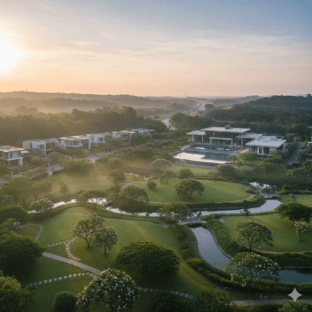 Aerial view of lush green township parks and premium villas in Sonipat, Haryana