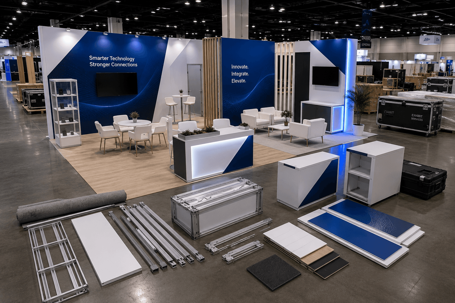 Modular rental booth components forming a 20x30 Las Vegas trade show layout with branded wall panels, demo counter, meeting area, product display shelves, and staged install pieces